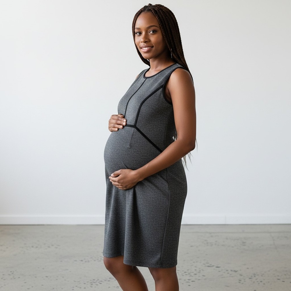 Motherhood Maternity Grey Space Dye Sleeveless Sheath Dress Black Piping Small